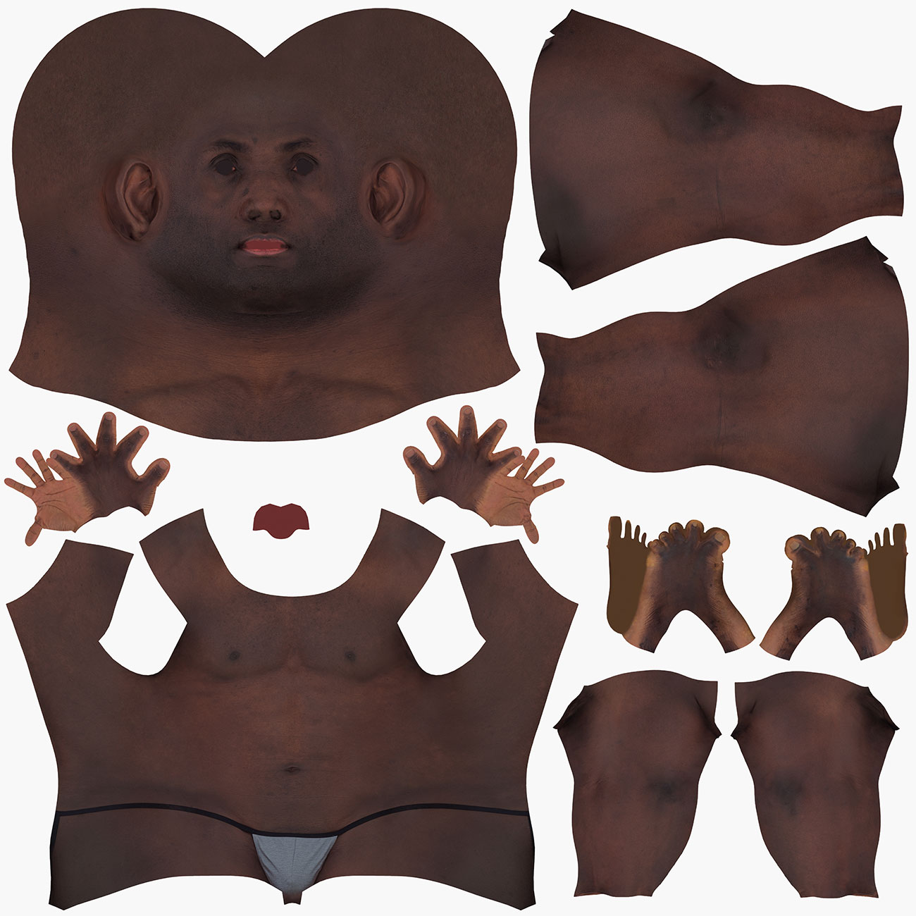 Male body scan UV map unwrap layout UV map layout for a male full body 3D scan showing low-distortion texture unwrap across all body regions